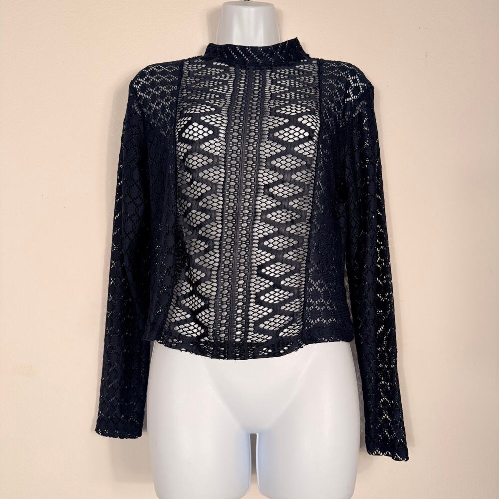 Zara W&B Navy Blue Sheer Lace Mock Neck Long Sleeve Crop Top Large